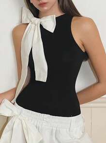 INAWLY Trang trí nơ màu tương phản dành cho nữ Bộ đồ liền thân không tay hàng ngày đơn giản - màu đen - Xem 4