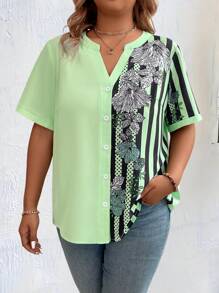 Plus Size Stripe & Flower Print Patchwork Shirt With Notched Collar - Vacation & Leisure - Multicolor - View 3
