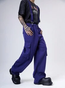 Manfinity Denimwave 男式深蓝色水洗牛仔宽松工装裤、休闲背带裤 - 深色水洗藍 - 查看 3