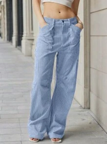SHEIN EZwear Women's Casual Blue Striped Woven Wide Leg Pants With Straight Fit,Drape Cargo Trouser