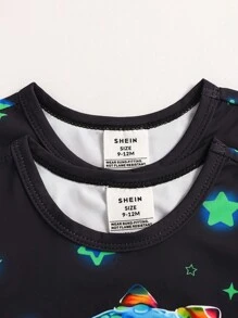 SHEIN 4 pièces Ensemble de pyjama lumineux avec motif de dinosaure ajusté pour bébé garçon, avec t-shirt à manches courtes + shorts et pantalon long - Multicolore - Voir 3