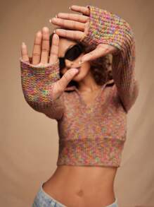 Forever 21 Fashion Sherpa Satin Waffle Knit Polo Collar Cropped Top, Spring & Autumn