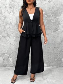 SHEIN LUNE Plus Size Deep V-Neck Single Button Sleeveless Top And Elegant Long Pants Suit - Black - View 4