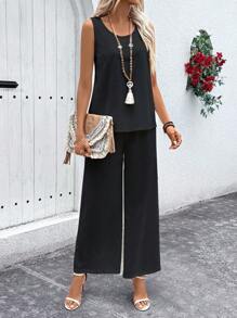 Breezaya 2pcs Vacation Casual Solid Color Vest And Wide Leg Pants Set