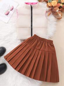 2pcs Tween Girls' Solid Color Zip-Up Vest And Pleated Mini Skirt Set, Summer School Style