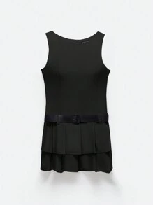 SHEIN EZwear Black Sleeveless Fitted Women Pleated Dress - Black - View 5