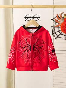 SHEIN Girls' Spider Web Pattern Print Casual Loose Hooded Long Sleeve Jacket, Suitable For Party And Gathering
