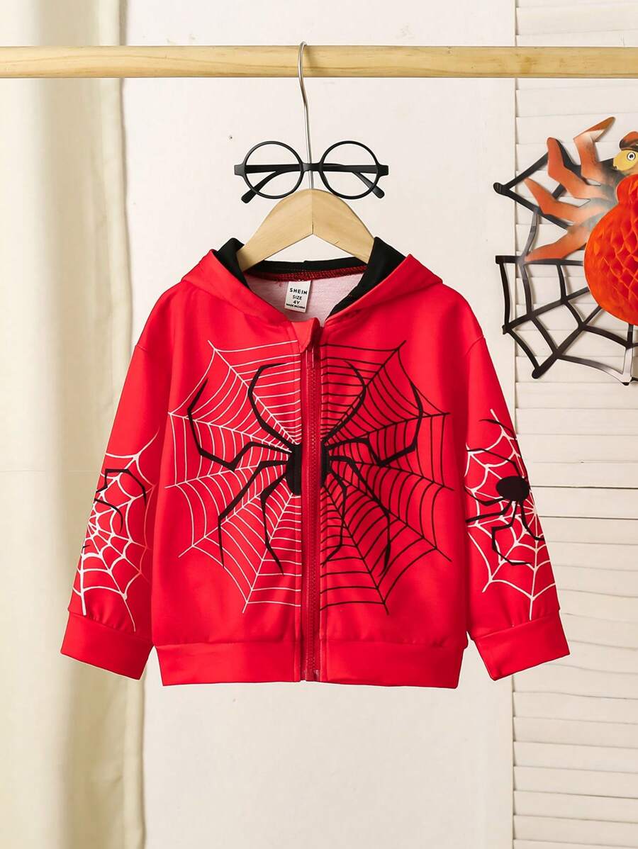 SHEIN Girls' Spider Web Pattern Print Casual Loose Hooded Long Sleeve Jacket, Suitable For Party And Gathering