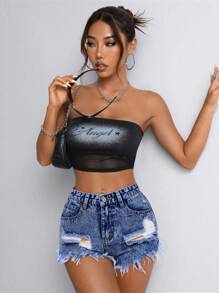 SHEIN PETITE Summer Distressed Raw Hem Denim Shorts