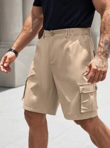 Manfinity Homme Men's Solid Color Workwear Cargo Pocket Loose Fit Casual Shorts - Khaki - View 5