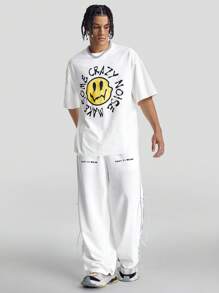 Manfinity VCAY Calça de Moletom Reta com Estampa Inglesa, Caimento Solto, Para Homens