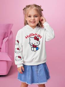 HELLO KITTY AND FRIENDS | SHEIN 年轻女孩卡通印花连帽落肩宽松运动衫 - 白色 - 查看 6