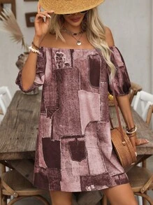 SHEIN LUNE Damen Kleid mit Off-Shoulder Design und zufälligem Aufdruck - Kaffeebraun - Übersicht 6