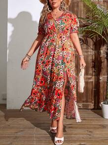 SHEIN Holidaya 大码 V 领纽扣短袖花卉印花高开叉优雅连衣裙 - 棕色 - 查看 7