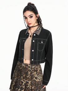 ROMWE Áo khoác denim ngắn tay dài in họa tiết da báo tương phản dành cho nữ mùa thu, túi cài nút phía trước - màu đen - Xem 5