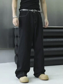 Claim Dot Men's Loose Fit Straight-Leg Casual Jeans With Pockets - Black - View 1