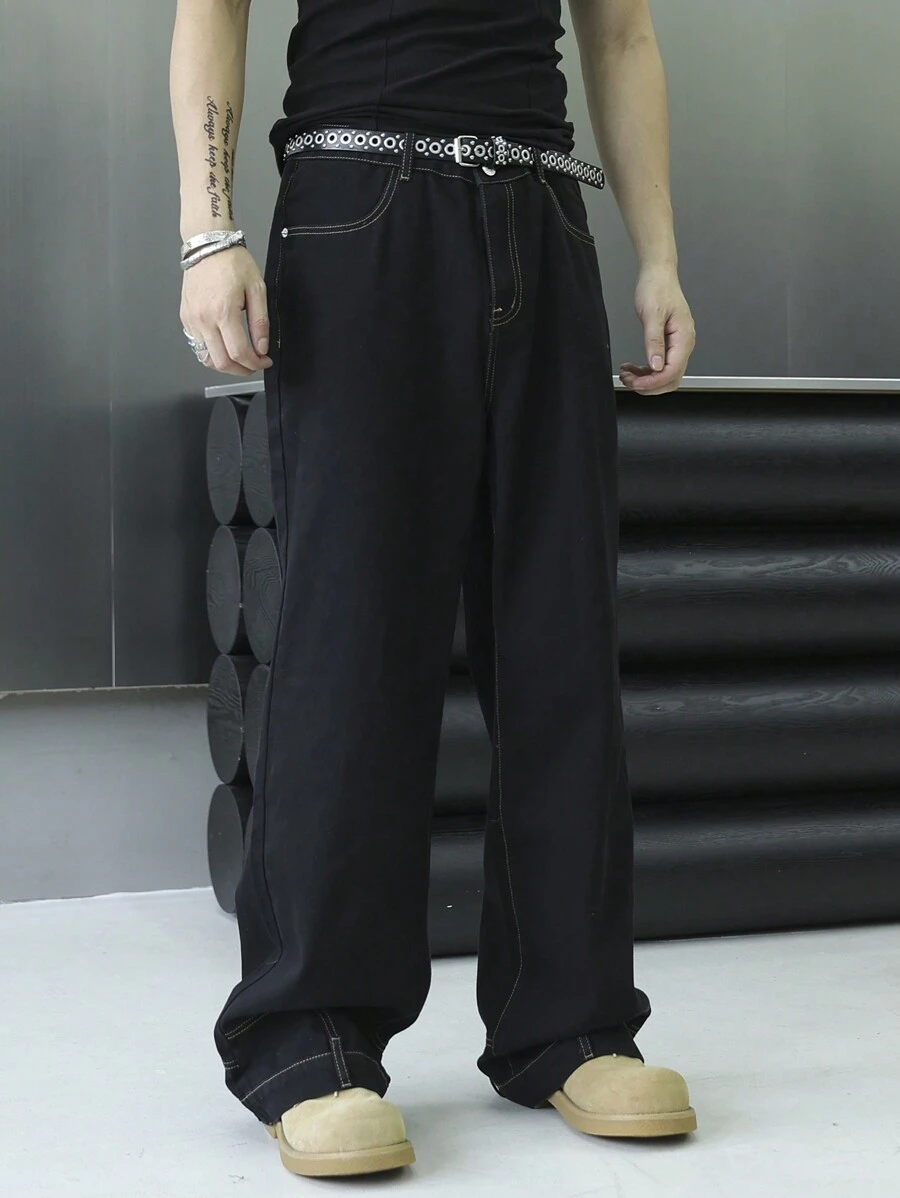 Claim Dot Men's Loose Fit Straight-Leg Casual Jeans With Pockets - Black - View 1