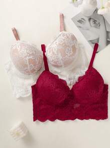 Wedaily Set de 2 sujetadores inalámbricos de encaje de talla grande, lencería - Multicolor - Ver 2