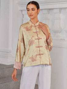 SHEIN Privé Elegant New Chinese Style  Splicing Print Long Sleeve Regular Jacket - Pink - View 4