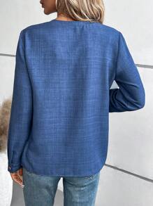 SHEIN LUNE Blusa informal con cuello en V, manga larga, botones delanteros y bolsillo para mujer