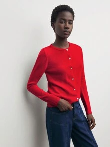 BizChic Áo len cardigan dệt kim màu trơn thanh lịch cho nữ, trang phục mùa thu đỏ cổ điển cho nữ Áo len đỏ Áo len dài tay màu đỏ - Đỏ - Xem 5