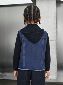 SHEIN Áo khoác rộng thùng thình màu đen thời trang thường ngày cho bé trai, có mũ, tay dài, phối denim xanh, thích hợp mặc hàng ngày. - Nhiều màu - Xem 2