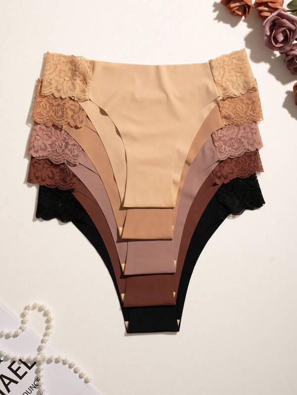Shein Underwear&Sleepwear Basics 5pcs/Pack Seamless Lace Trimmed Triangle Panties Lingerie