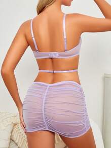 Women's Embroidered Butterfly Mesh Ruffle Sexy Lingerie Dress - Mauve Purple - View 2