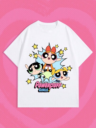 The Powerpuff Girls | ROMWE Camiseta de manga caída con estampado de letra de dibujos animados para hombres, escuela