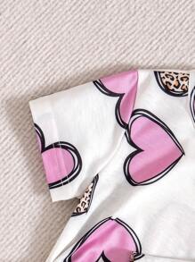 3pcs Girls' Casual Comfy Leopard & Heart Print Short Sleeve T-Shirt Set, Summer - Multicolor - View 3