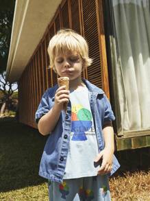 SHEIN Camiseta de malha de manga curta solta com estampa de sorvete casual para meninos, primavera e verão, temporada de volta às aulas - Vermelho - Ver 1