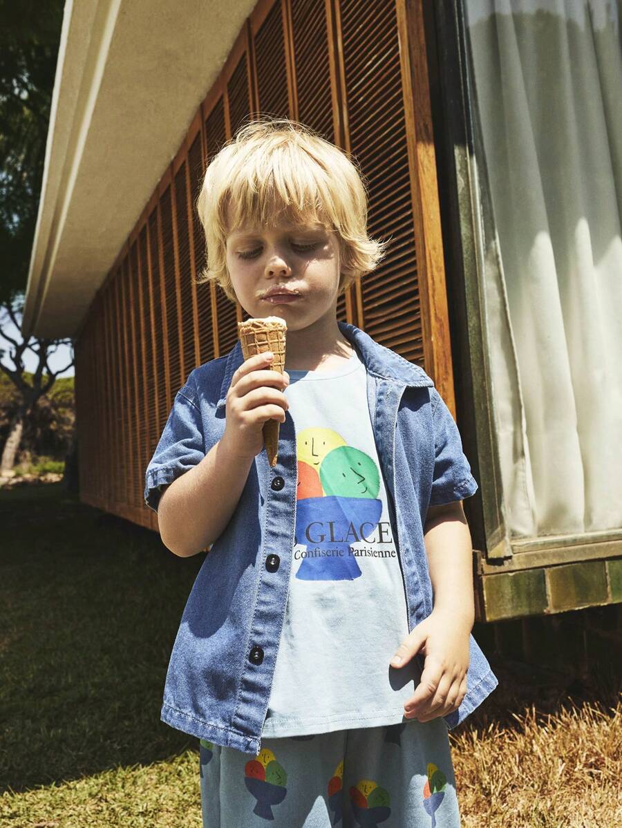 SHEIN Camiseta de malha de manga curta solta com estampa de sorvete casual para meninos, primavera e verão, temporada de volta às aulas - Vermelho - Ver 1