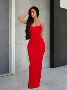 Sirith 女士纯色细肩带露背无袖连衣裙，适合新年服装，长款女士服装