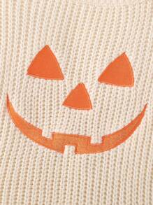SHEIN 男婴万圣节南瓜脸刺绣毛衣，温暖舒适的针织套头毛衣，适合休闲、节日、家居、万圣节派对 - 杏色 - 查看 4