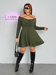 SHEIN ICON Vestido de manga larga con cuello vuelto y hombros descubiertos de talla grande - Verde militar - Ver 2