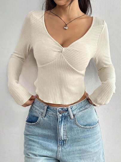 Flirla Camiseta de manga larga lisa con detalle de nudo adelante, ajustada - Blusa primavera y verano con puño acanalado - Suéter crop top de color crema sexy