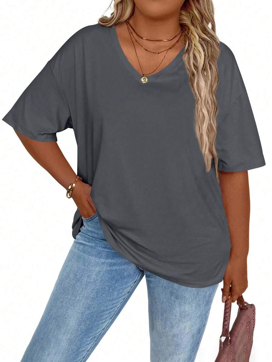 EMERY ROSE Plus Size Casual Loose Drop Shoulder Solid Color T-Shirt, Summer - Grey - View 1