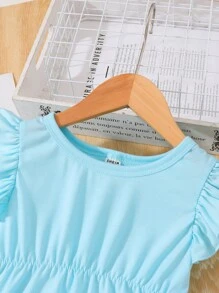 2 piezas Conjunto de 2 piezas con parte superior de manga abullonada con cuello redondo cómoda y pantalones con diseño desgastado de estampado de mariposa para niñas jóvenes