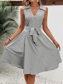 SHEIN LUNE Women Striped Tie-Up Midi Dress - Multicolor - View 4