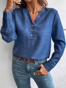 SHEIN LUNE Blusa informal con cuello en V, manga larga, botones delanteros y bolsillo para mujer