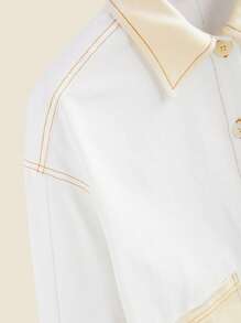 SHEIN Tween Girl's Color Block Pocket Collar Dropped Shoulder Long Sleeve Woven Casual Vacation Jacket, Autumn/Winter - Beige - View 6