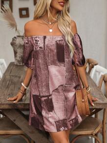 SHEIN LUNE Damen Kleid mit Off-Shoulder Design und zufälligem Aufdruck - Kaffeebraun - Übersicht 4