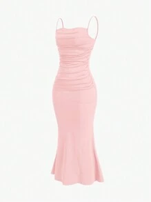 Sweetra Ladies' Summer Solid Color Pleated Mermaid Hem Elegant Spaghetti Strap Dress Maxi Women Outfit