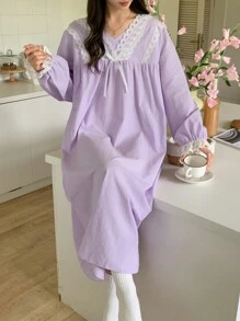 DAZY Romantic Lace Patchwork Bowknot Ruffle Hem Nightgown Pajama - Purple - View 6