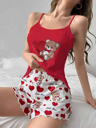 Conjunto de pijama con top de tirantes y shorts con estampado de osos lindos para mujer