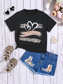 SHEIN Tween Girls Denim Effect Love Leopard Pattern Black T-Shirt Blue Denim Shorts 2 Pieces Set - Multicolor - View 1