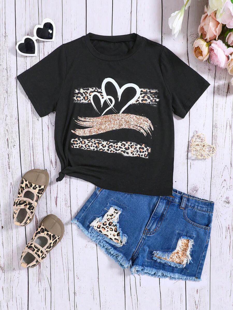 SHEIN Tween Girls Denim Effect Love Leopard Pattern Black T-Shirt Blue Denim Shorts 2 Pieces Set - Multicolor - View 1