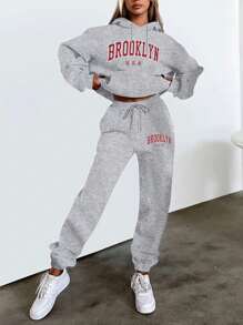 INAWLY 2pcs Women's Letter Print Hoodie Top And Drawstring Casual Pants Set Fall Cloth For Women