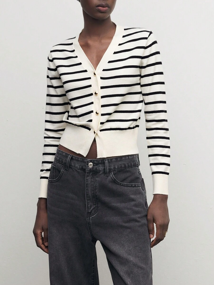 BizChic 杏色黑色对比条纹 V 领贴腰优雅针织开衫秋季女装 - 彩色 - 查看 1