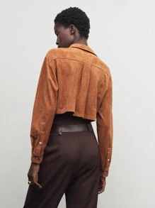 BizChic Brown Suede-Like Loose Cropped Long Sleeve Casual Shirt, Autumn - Brown - View 2